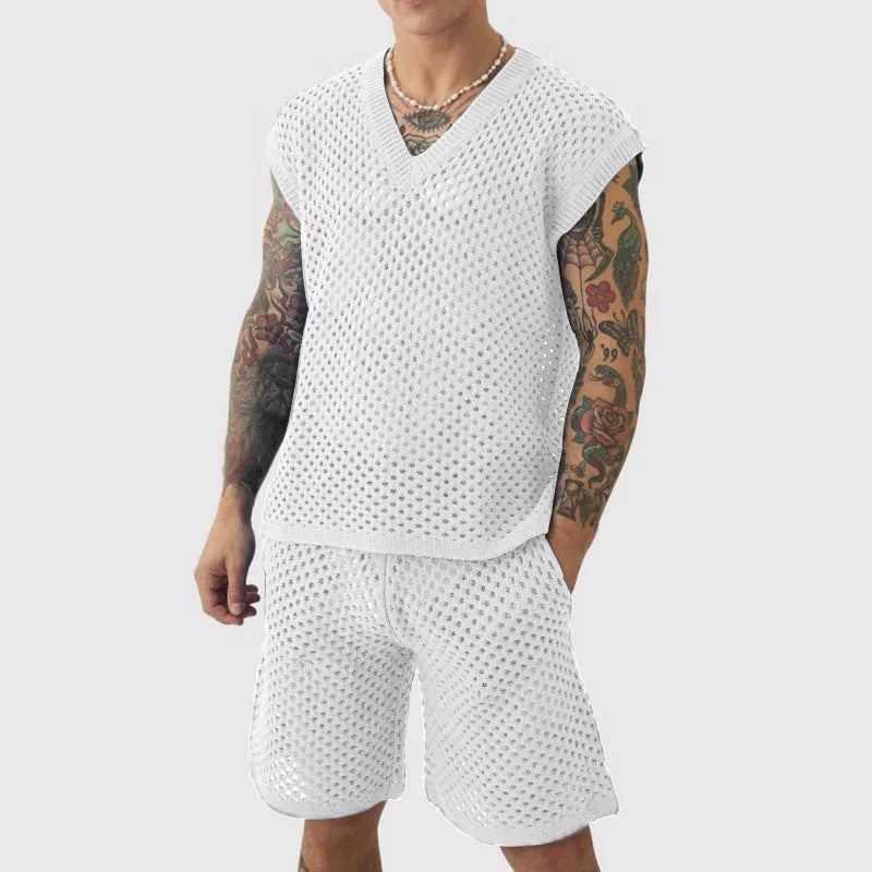 Men's blue V-neck sleeveless vest and matching shorts sports set laid flat.