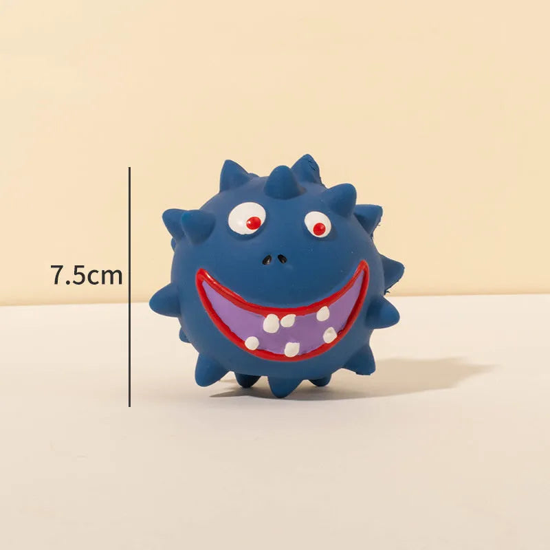 Four colourful squeaky dog balls with cute faces, showing textured surface for dental cleaning, natural latex construction