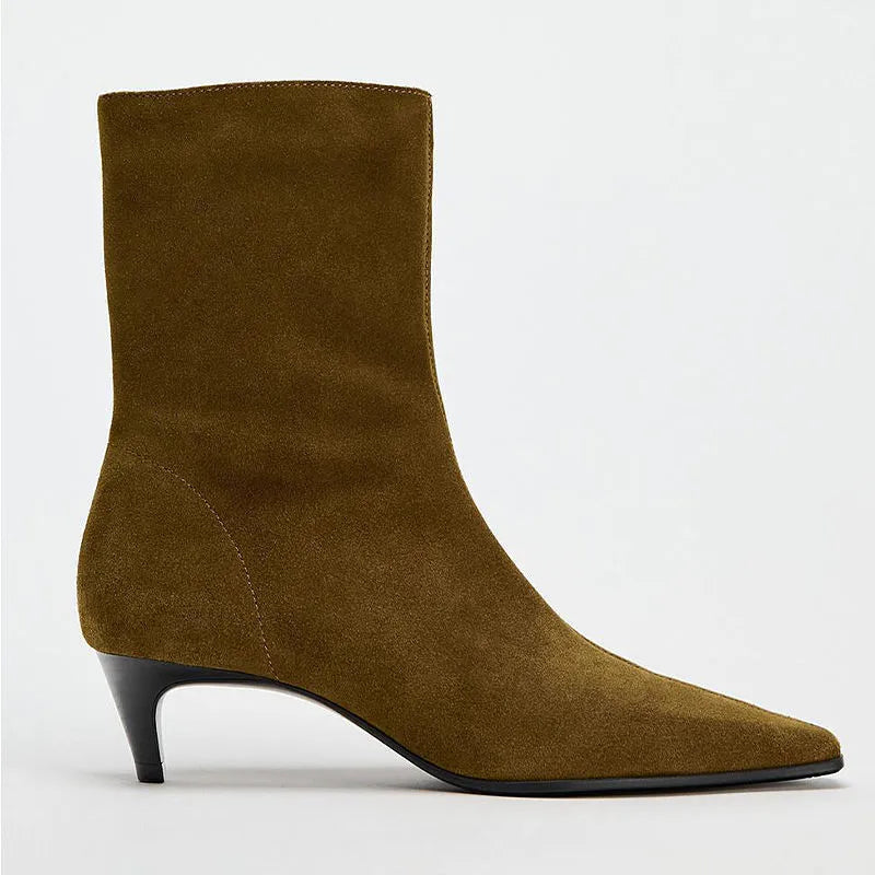 Brown square toe mid-calf boots with side zipper and 3-5cm kitten heel on waterproof platform