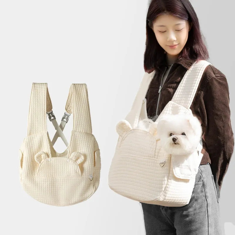 Grey quilted cross-chest pet diaper backpack for small dogs and cats, shown with dimensions.
