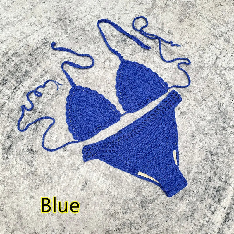 Handmade crochet bikini set with matching beach skirt in blue colour, showing three separate pieces