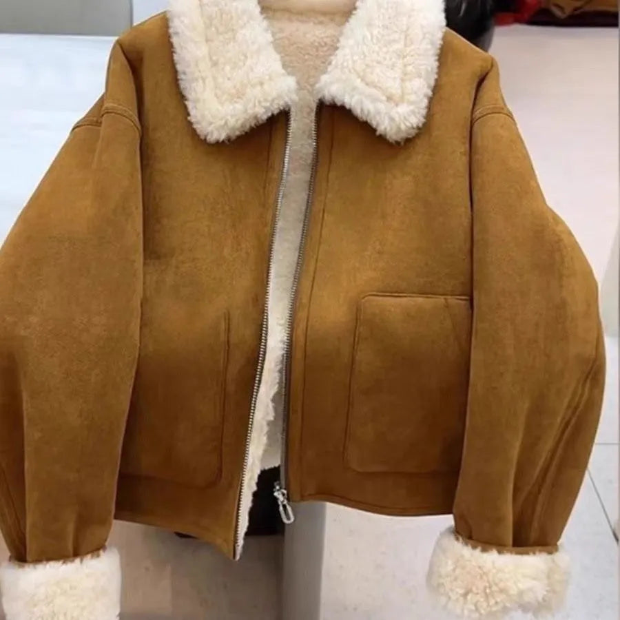 Women's thickened faux fur winter jacket with faux fur collar and pockets, shown in brown, coffee, orange, and burgundy, sizes S to 3XL.