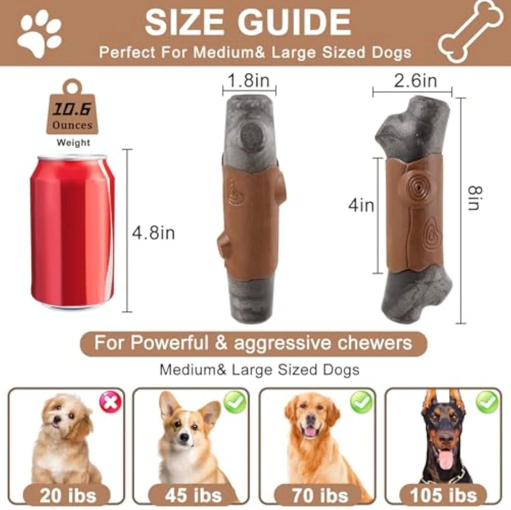 Branch-shaped nylon dog chew toy with squeaker for aggressive chewers, approximately 15-20cm
