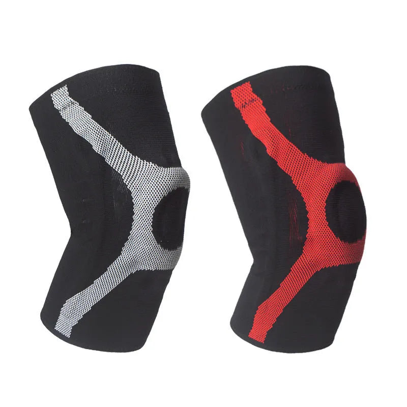 Red and grey silicone non-slip sports knee pads for running and climbing protection.
