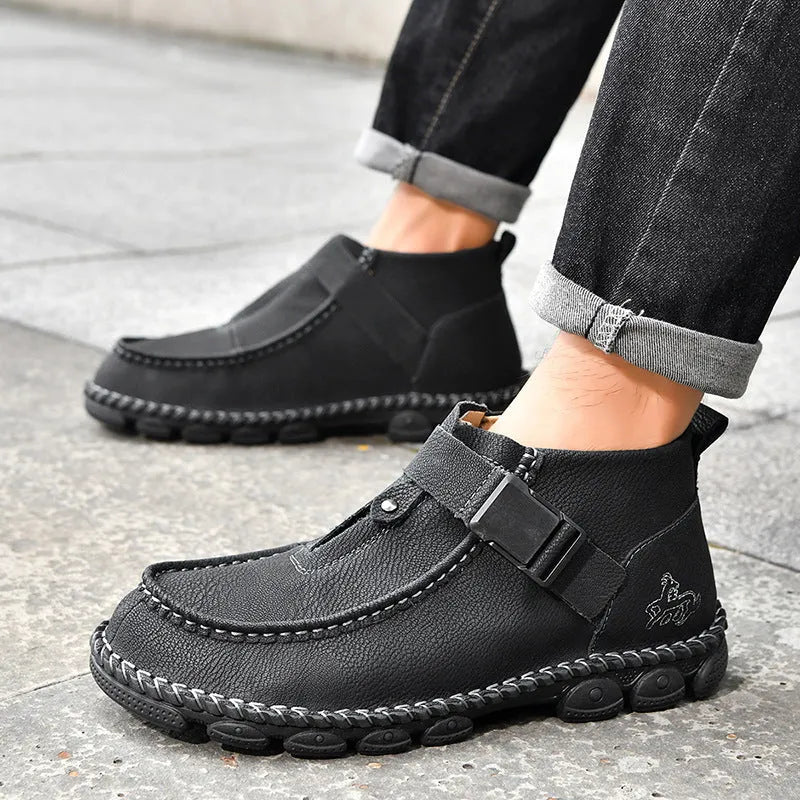 Handmade stitching casual flat bottom slip-on lazy shoes in black, green, or brown with low heel