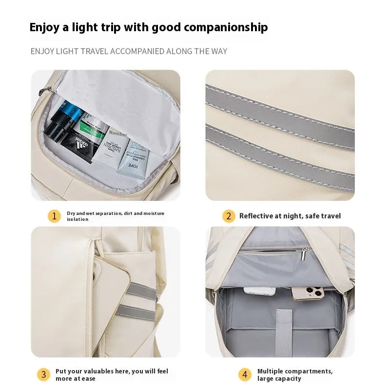 Large polyester travel backpack with dry wet separation compartments in beige colour with curved shoulder straps