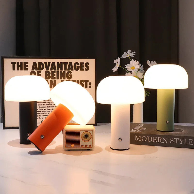 USB table lamp in black, green, orange, or white, 15cm tall with plastic construction and dual-purpose design