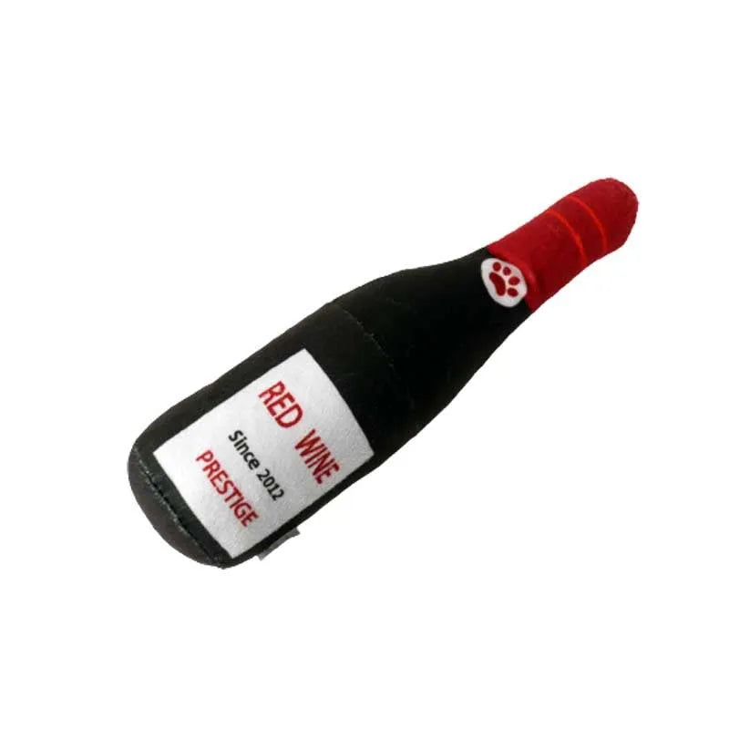 Green plush wine bottle dog toy with squeaker, measuring 20cm in height, on a white background