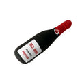 Green plush wine bottle dog toy with squeaker, measuring 20cm in height, on a white background