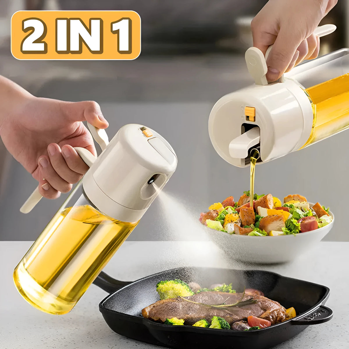 Warm grey glass 2-in-1 oil sprayer and pourer bottle with switchable cap on kitchen counter
