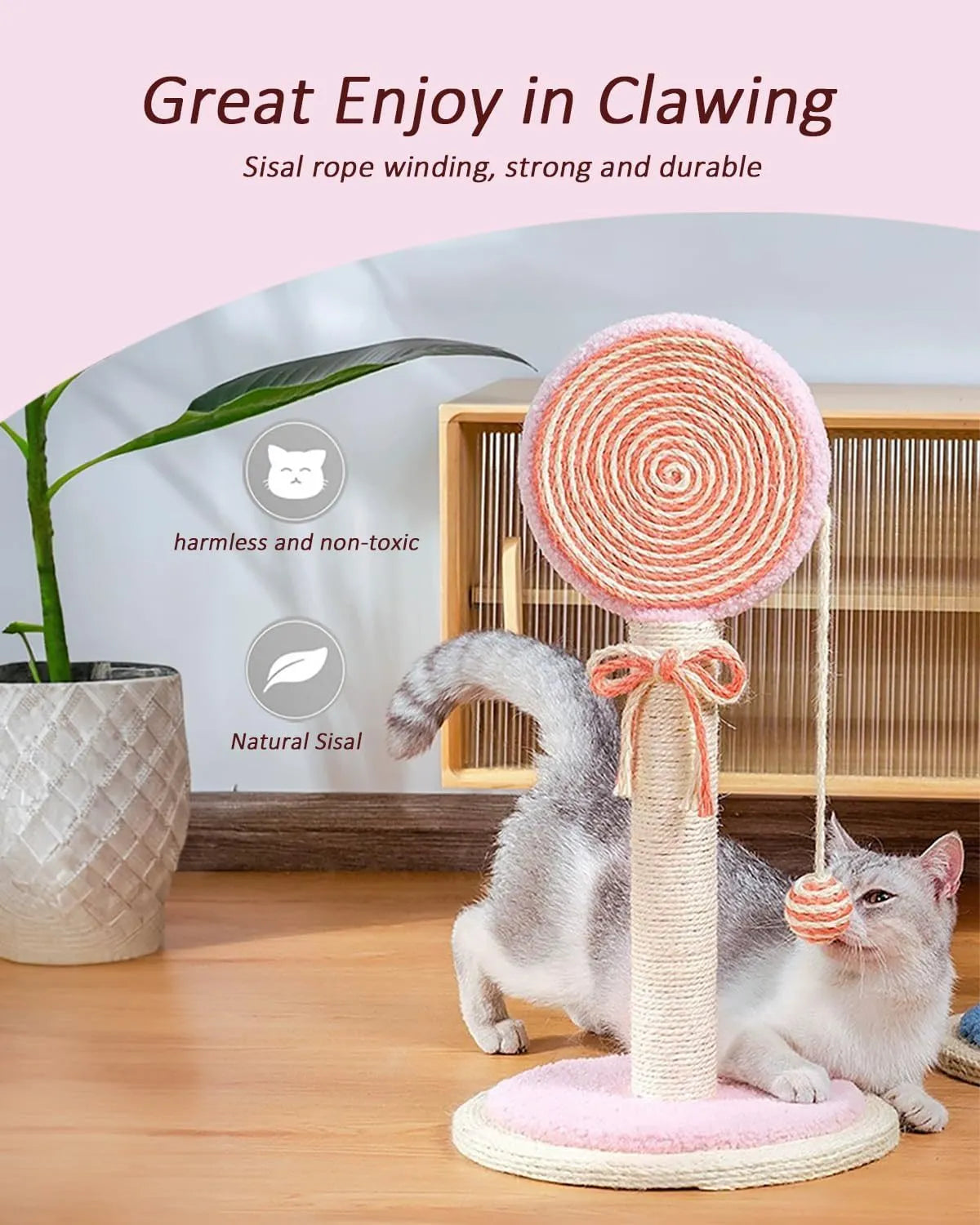 Blue cat scratching post with hanging ball, 32cm tall, on stable base, made of natural sisal rope