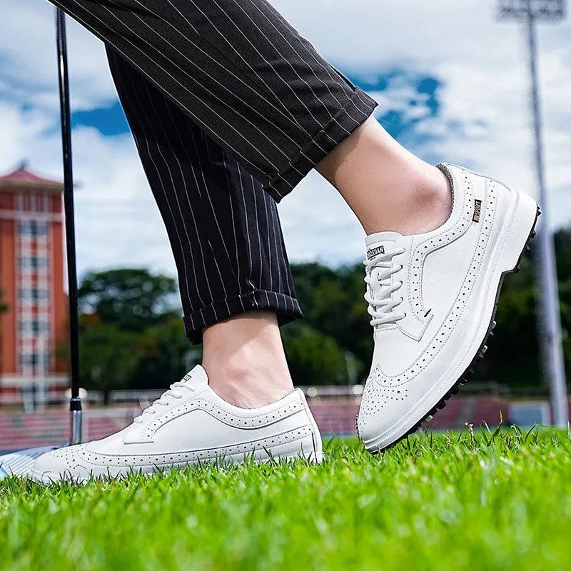 Men's genuine leather golf shoes with non-slip rubber outsole in Lake Blue and White colour options.