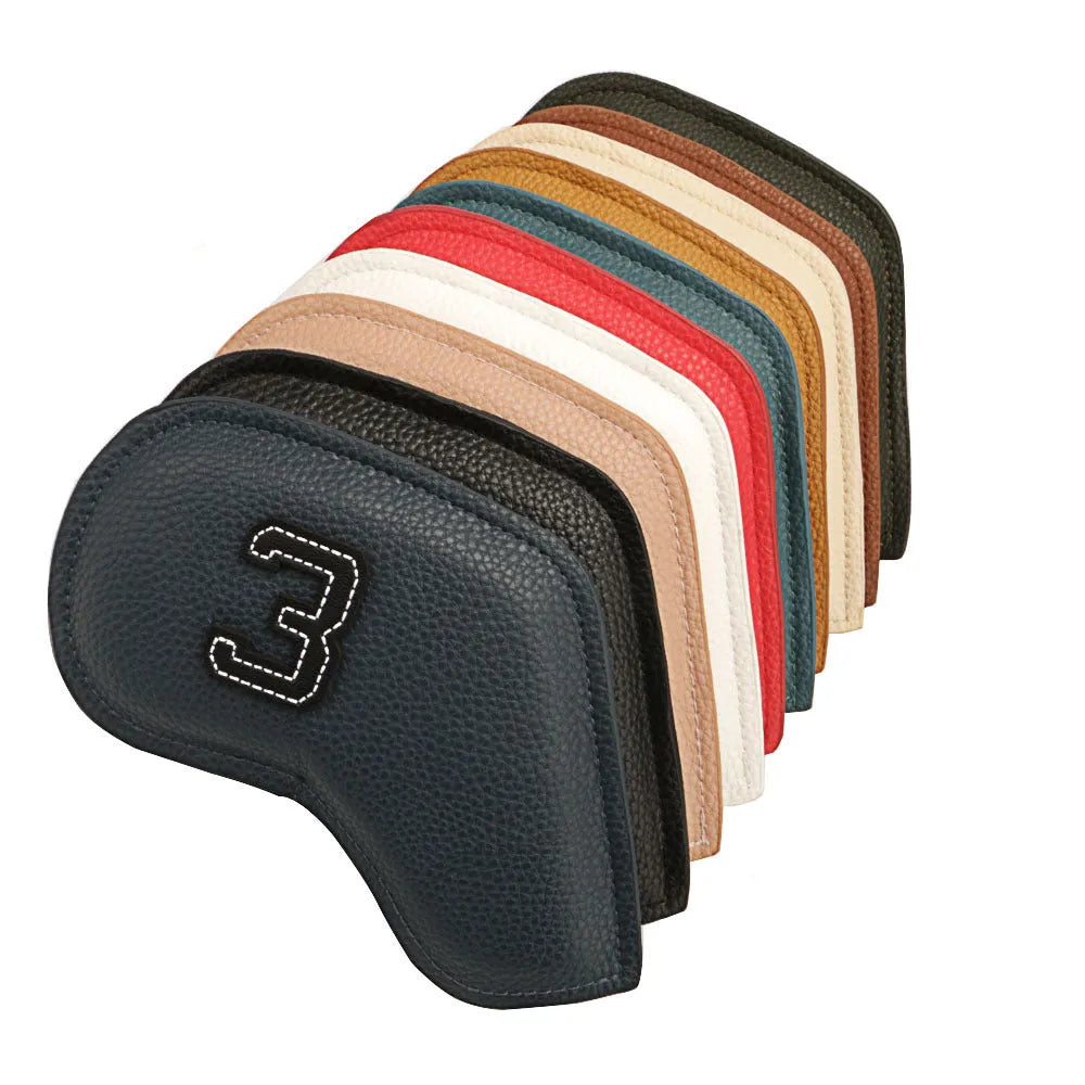 Set of 10 golf club headcovers with different colour designs and minimal digital printing