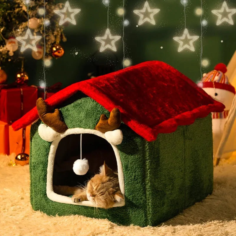 Christmas cat nest in red top elk design, removable washable cotton pet bed for cats and small dogs