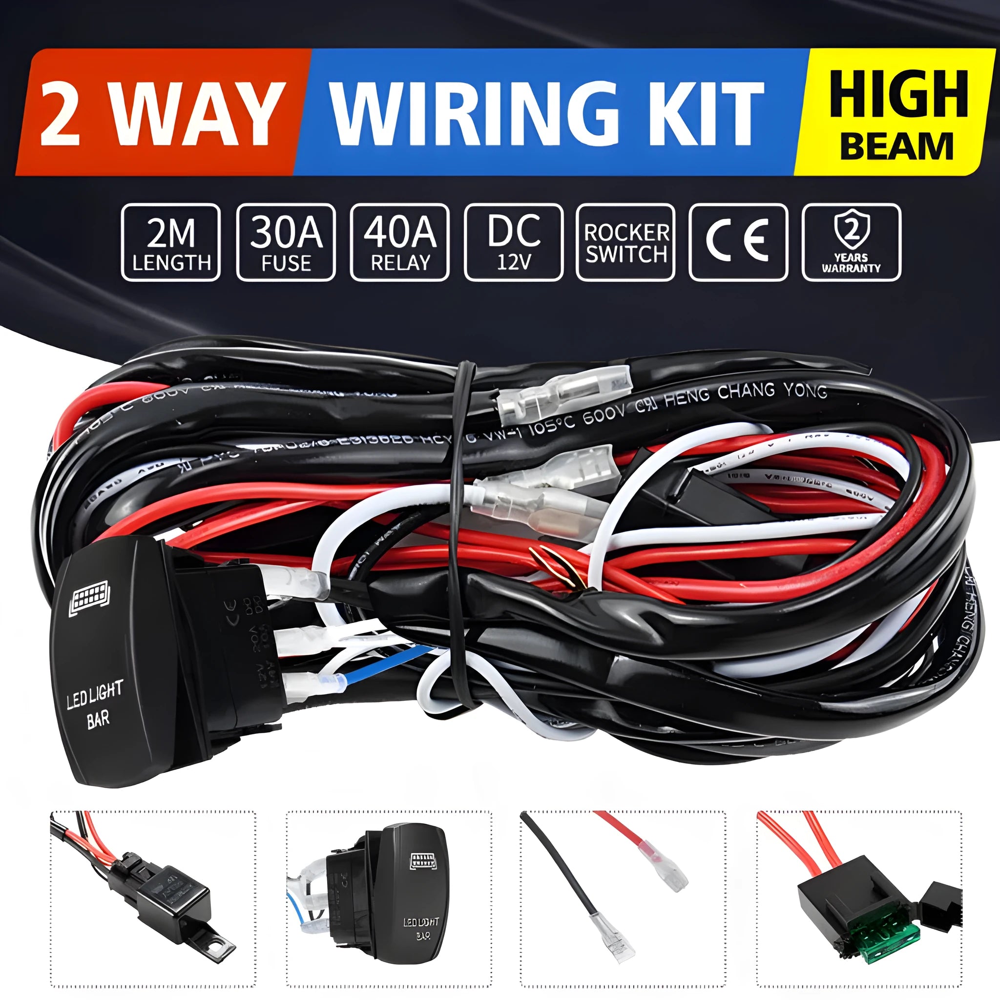 Black off-road LED spotlight wiring harness kit with switch and 2-metre cable.