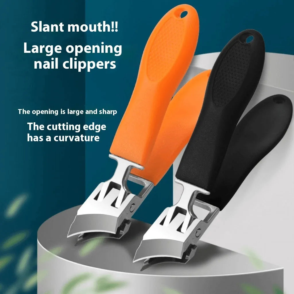 Anti-splash portable plastic case open to show stainless steel nail grooming tools in brown, white, and green.