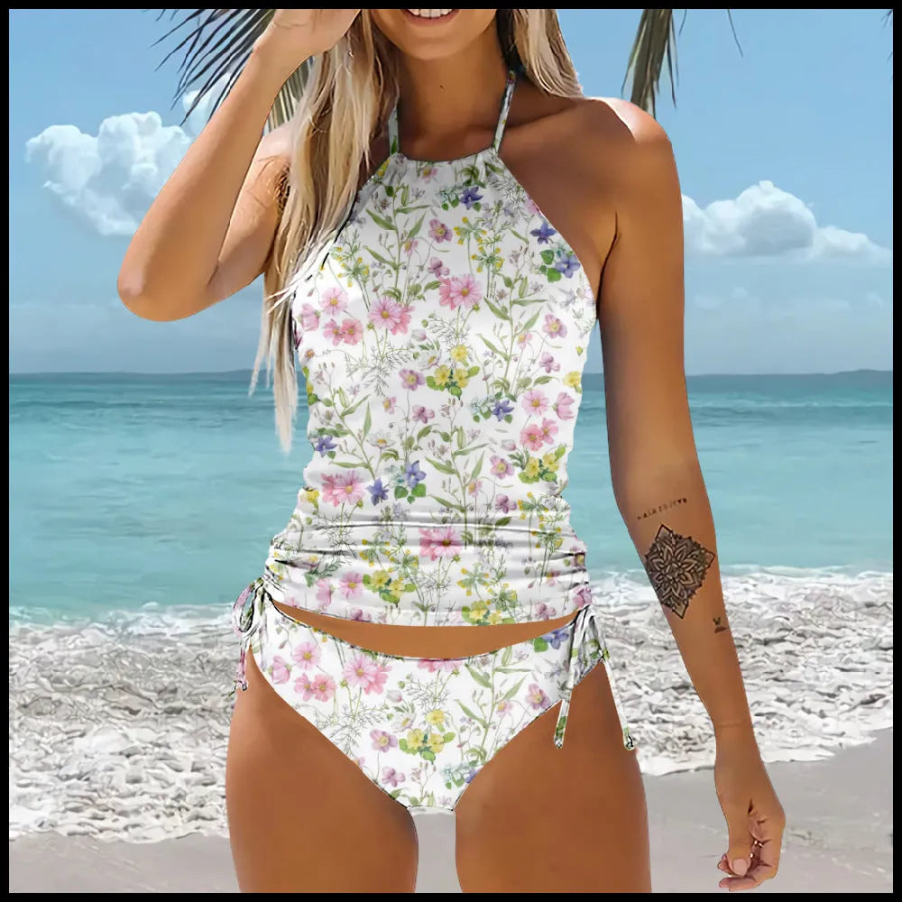 Patterned high-waist backless bikini beach swimsuit set in polyester, sizes S to 5XL, seven style options