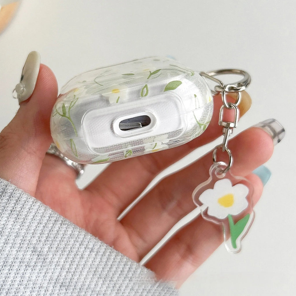 White floral design AirPods protective cover showing high-transparency TPU material and decorative elements