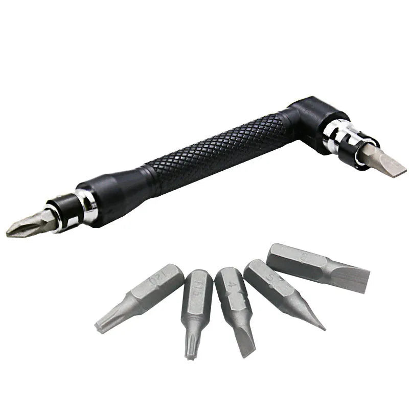 L-shaped double-headed steel socket wrench with ten hex screwdriver bits laid out.