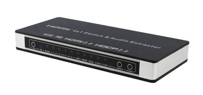 Black HDMI switch box with four input ports and one output port, shown with remote control and cable.