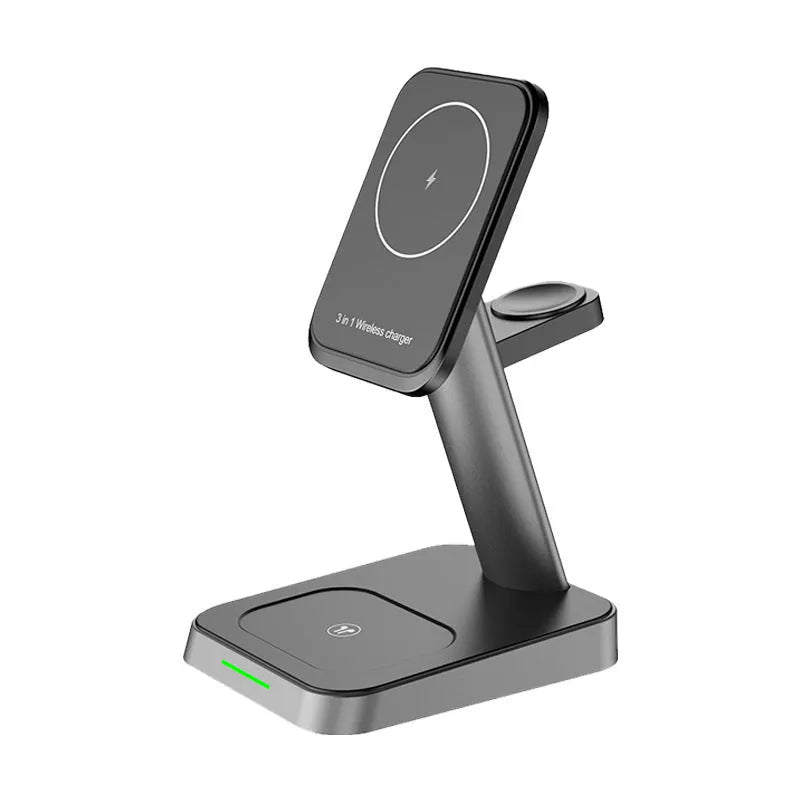 Black vertical wireless charging station with phone charging upright and 10000mAh battery capacity