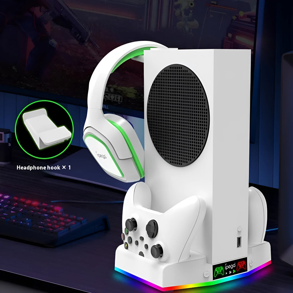 Xbox Series S multi-function charging cooler pad with fan, earphone hook, colourful light, ABS, black or white