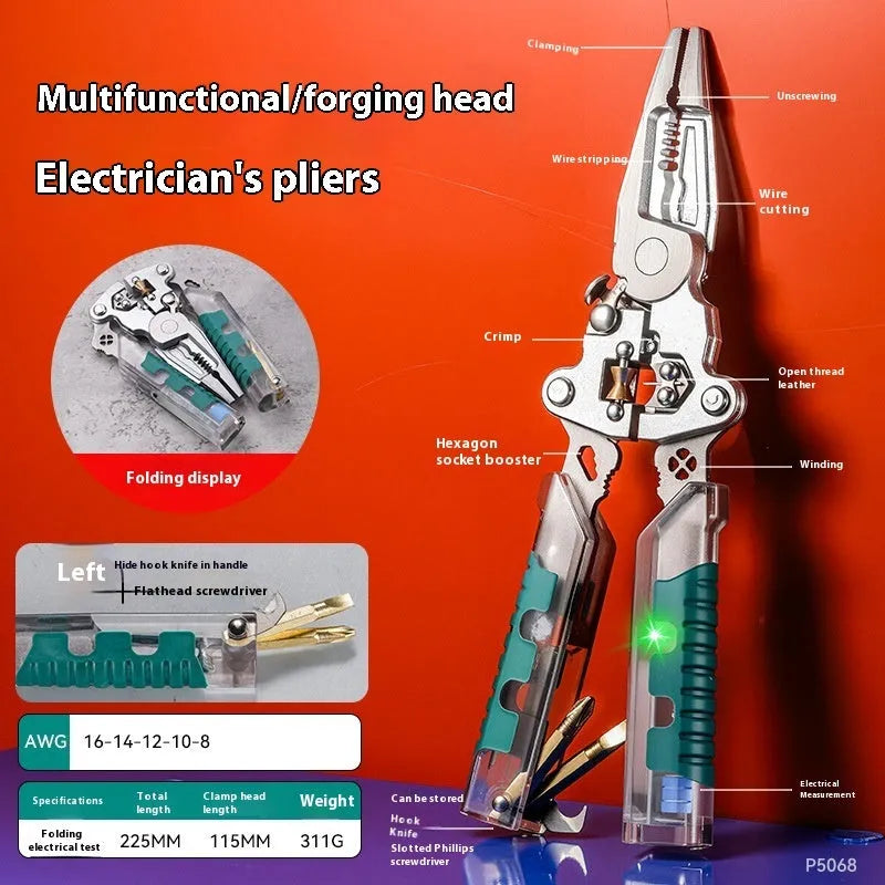Electricians pliers with wire stripper function showing pointed shape and rust-resistant cutting edges
