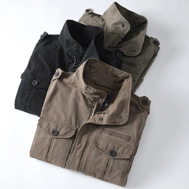 Men's loose fit cotton zip-up jacket in light coffee colour, shown on a model.