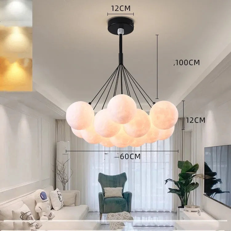 Nordic-style bedroom chandelier with iron construction and PMMA lampshade, featuring 12cm colour balls and LED lighting