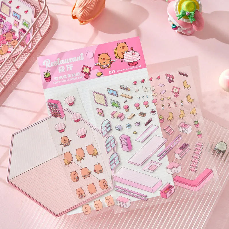 Capabala cartoon stickers showing eight 190x125mm themes: bakery yellow, bookstore green, flower shop pink designs