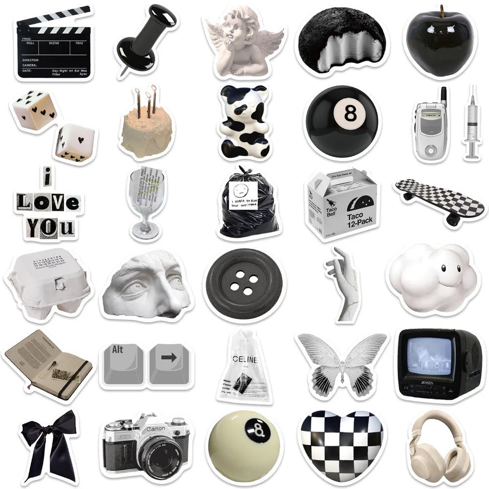 Black and white PVC waterproof sticker set with 61 designs for laptop and device personalisation