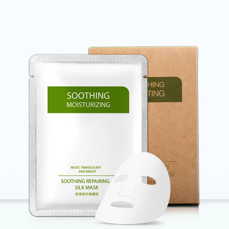 Box of white Soothing Silk Moisturizing Facial Masks for sensitive skin, 25g per piece.