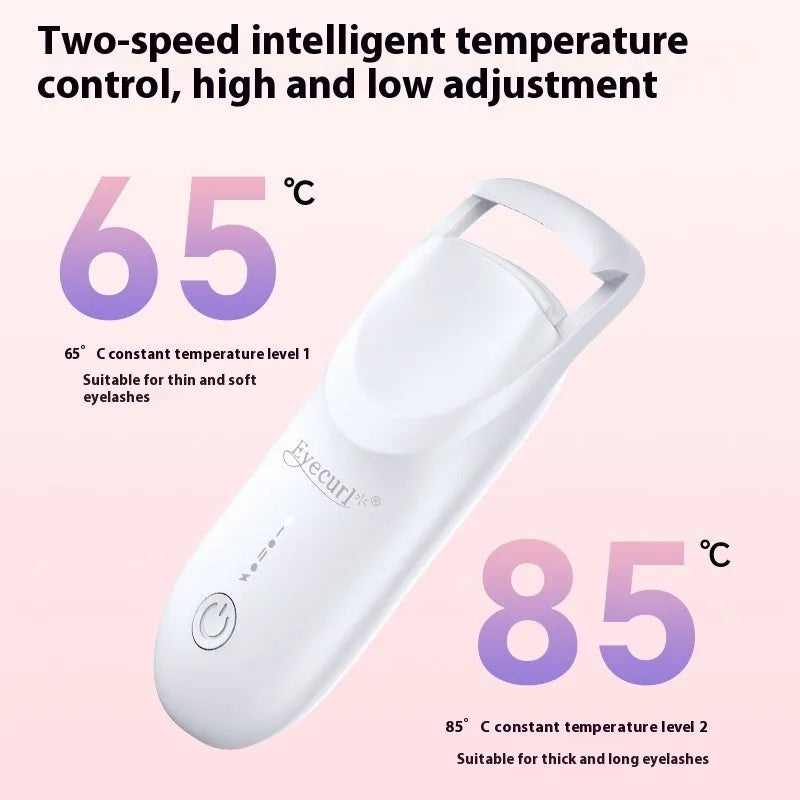 Electric heating eyelash curler in cream white with ceramic plates and USB cable for cordless use