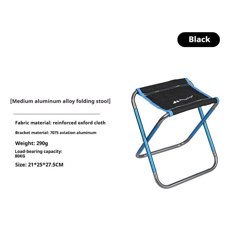 Black aluminium alloy folding stool with ethnic pattern, folded for compact storage