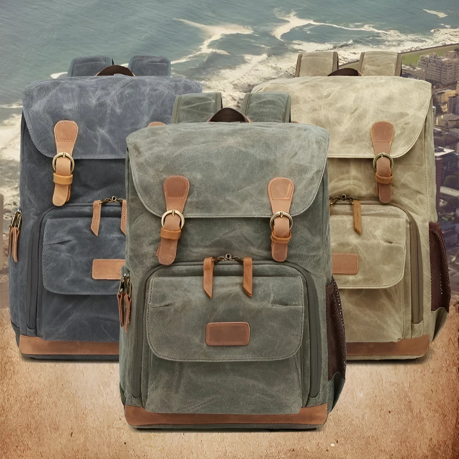 Canvas DSLR camera backpack in khaki colour with waterproof and anti-theft features