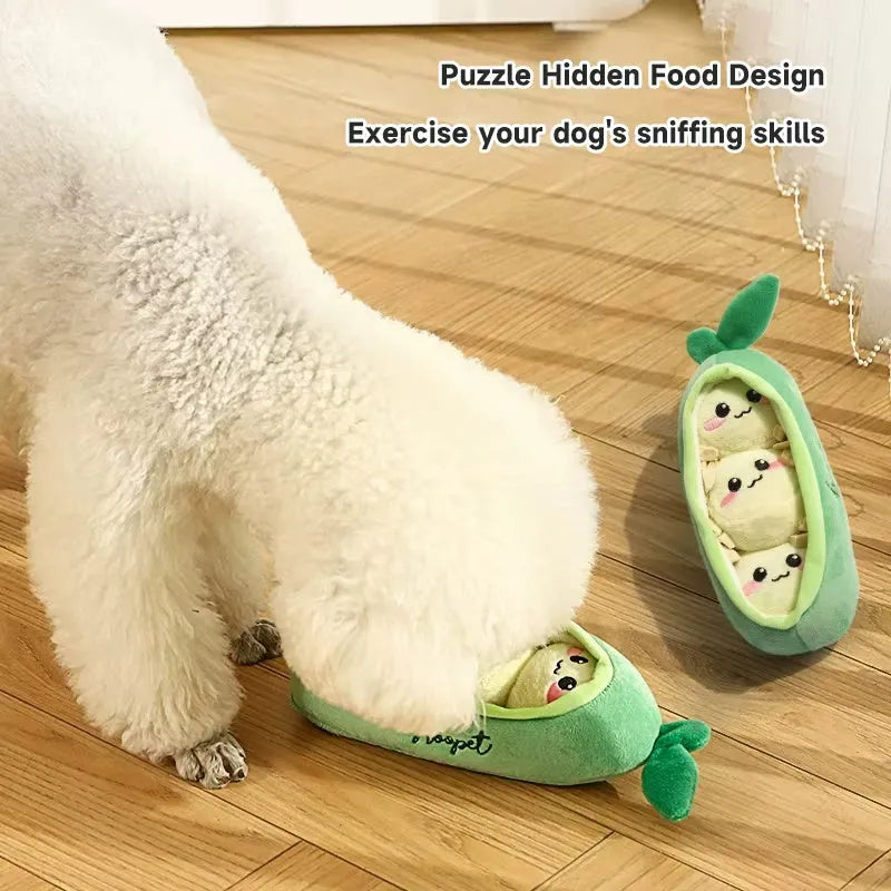 Interactive squeaky dog toy for puppies and small breeds, available in four shapes including Banana Monkey and Carrot Rabbit.
