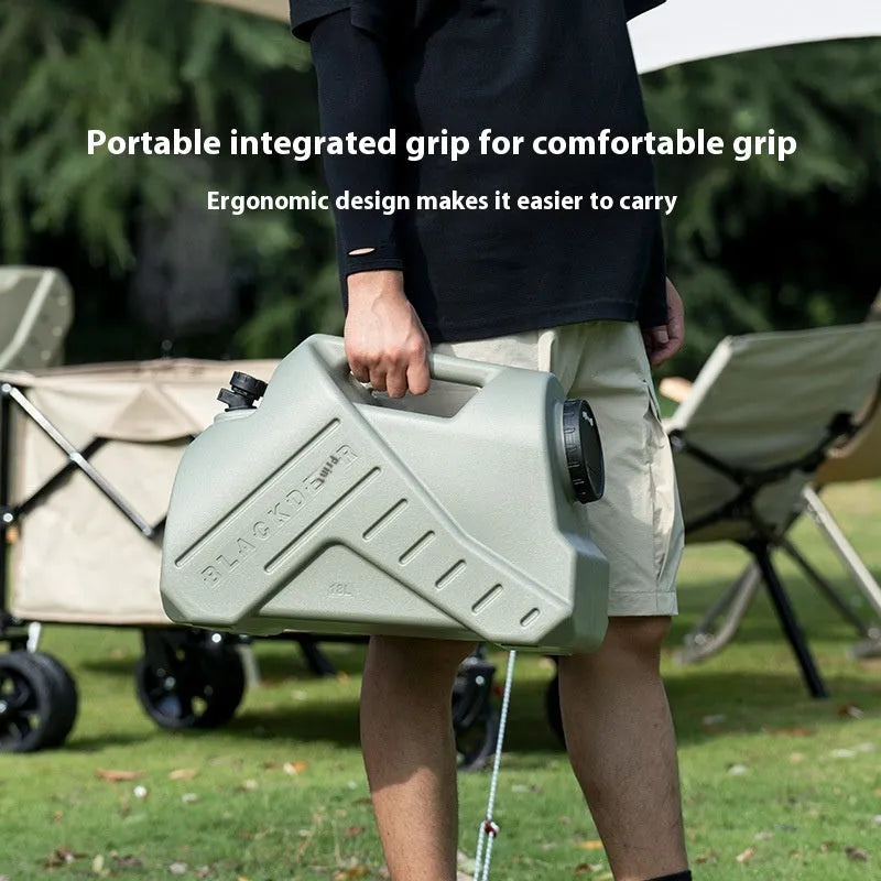 Green portable water storage tank in 13 litre or 18 litre size for camping and home use.
