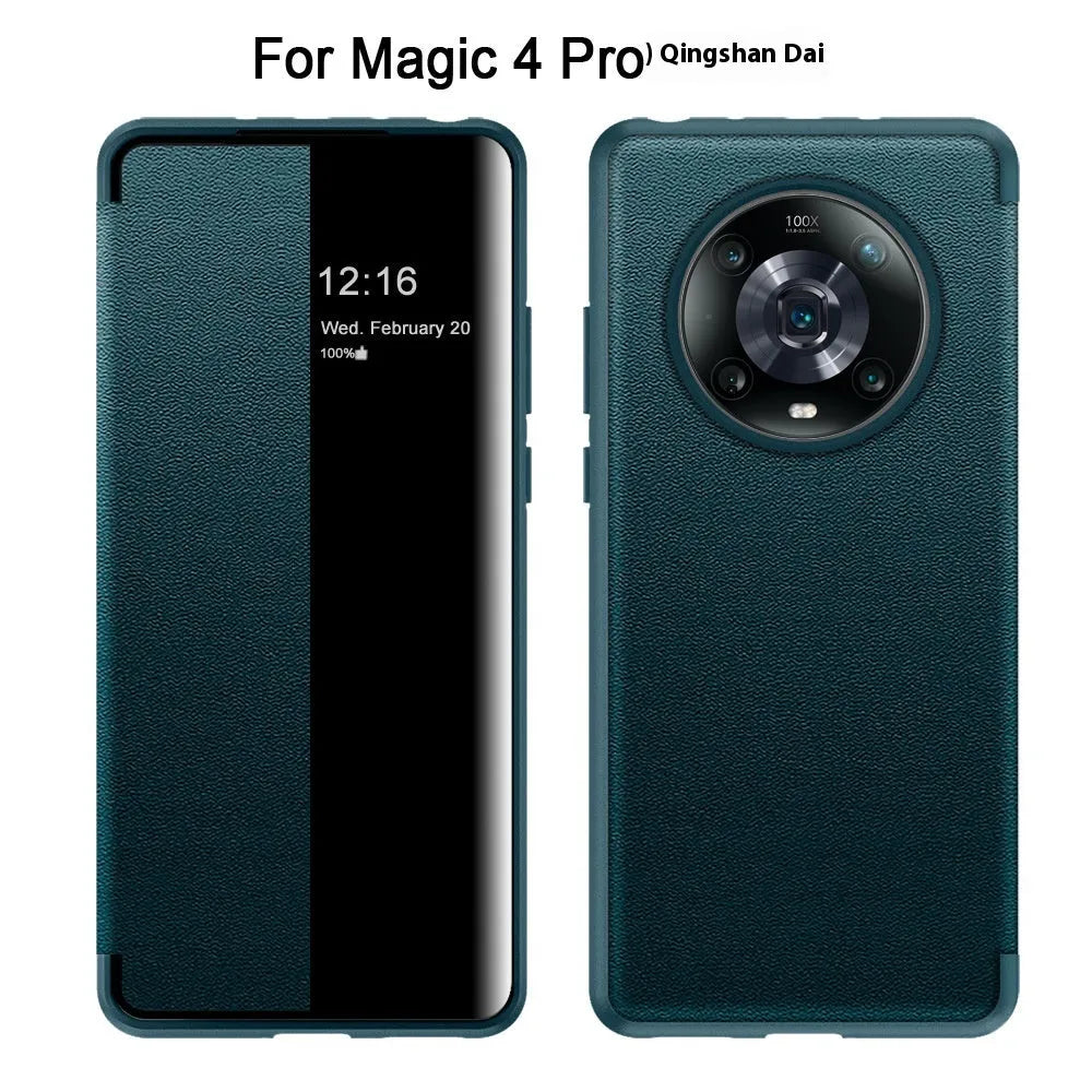 Huawei flip phone case in purple, orange, or black with imitation leather finish and smart sleep window