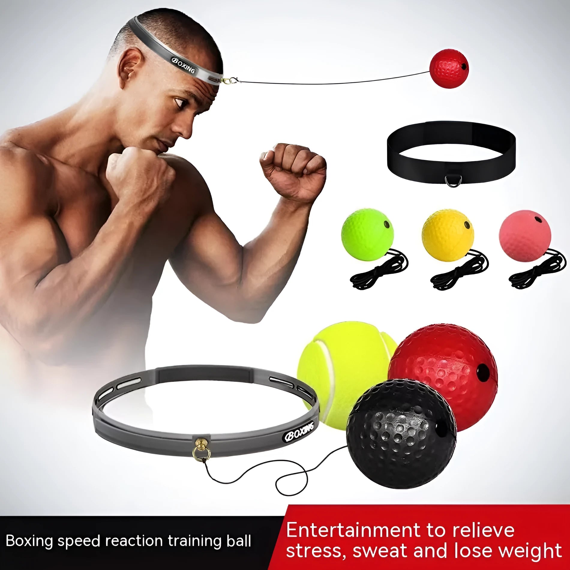 Head-mounted boxing reaction ball set showing multiple coloured PU balls, a rubber ball, and two headband options.