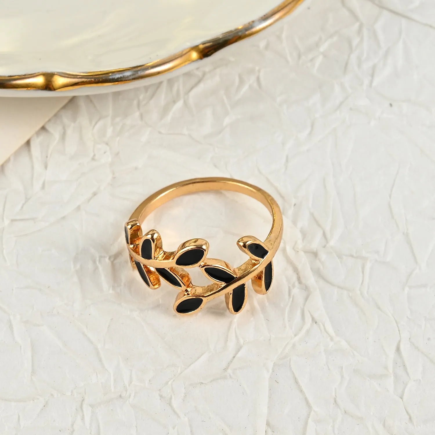Gold electroplated acrylic leaf geometric ring with flower shape and botanical design