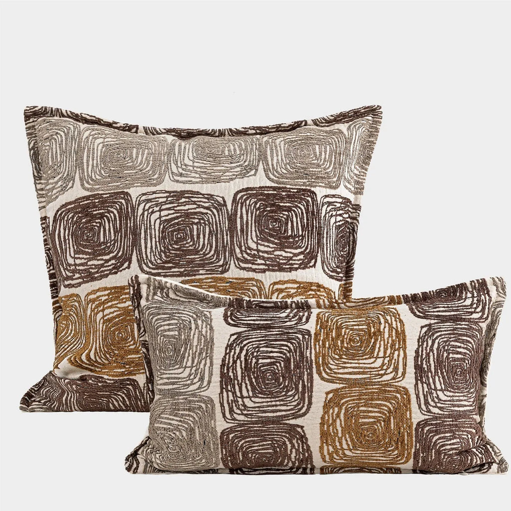 Cream and coffee abstract coil pattern pillow cover in 100% polyester feather velvet, 50x50cm square size