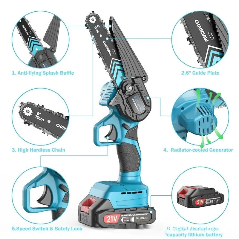 Handheld wireless electric chainsaw with 6-inch cutting chain, two batteries, safety goggles, and storage box