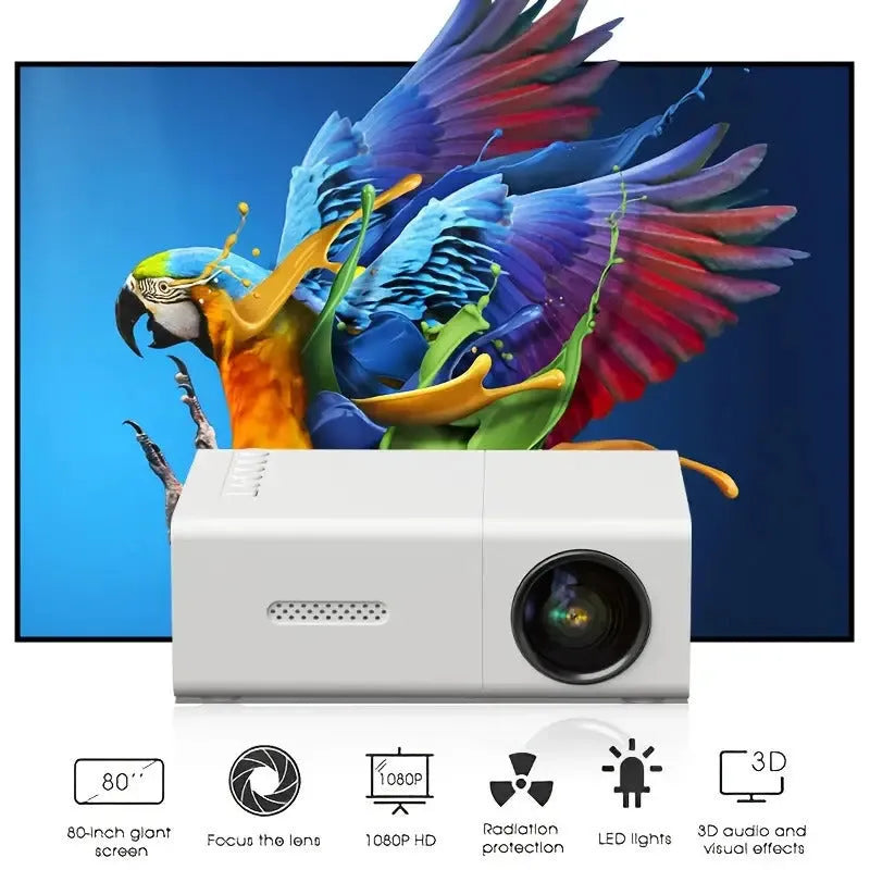 M100 Mini Projector in black or white showing 100-inch projection with international power compatibility