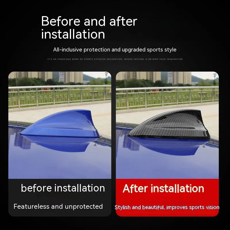 BMW shark fin antenna cover in carbon fibre and piano black finishes on a car roof.