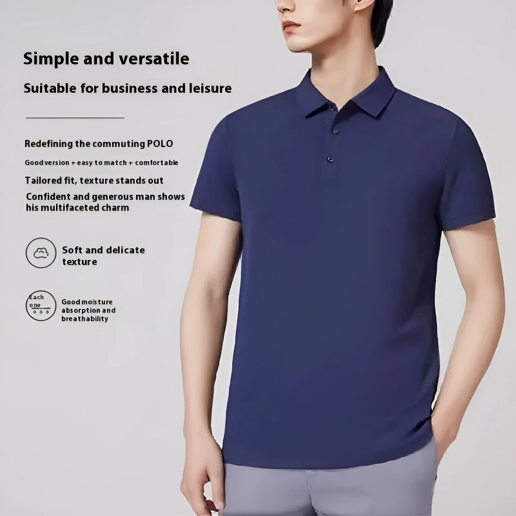 Short sleeve lapel collar work shirt in cool silk cotton blend, shown in a light colour.