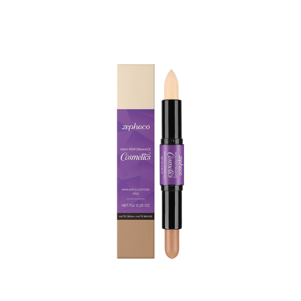Dual-ended cream highlighter and contour stick for face makeup in matte, amber or high gloss finishes