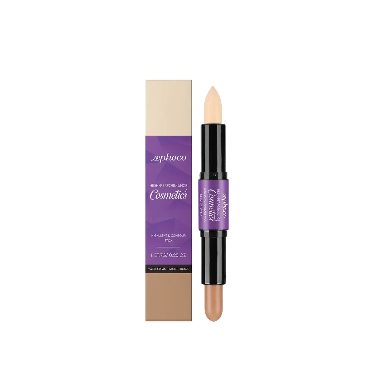 Dual-ended cream highlighter and contour stick for face makeup in matte, amber or high gloss finishes