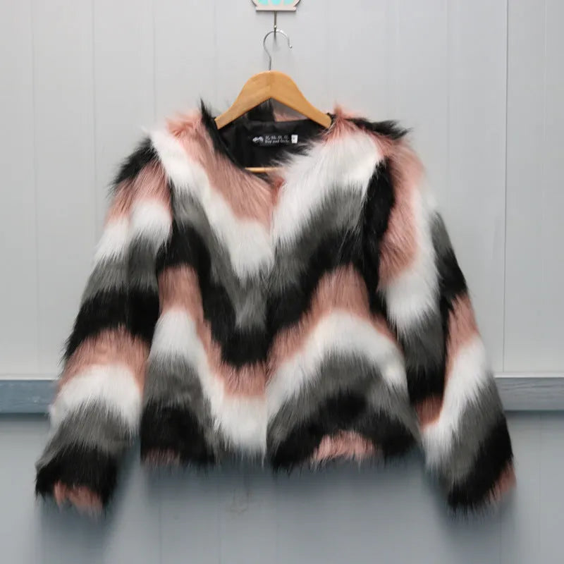 Korean style women's artificial fur short coat with O-neck and regular sleeves in picture colour