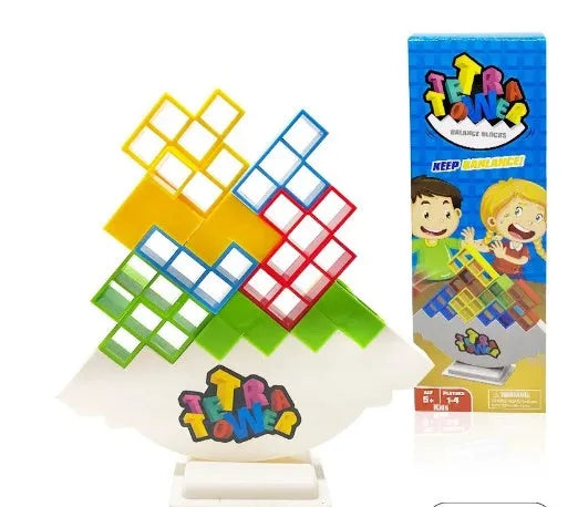 Plastic balance stacking game with 16 coloured blocks on 26.5cm square chassis for family play