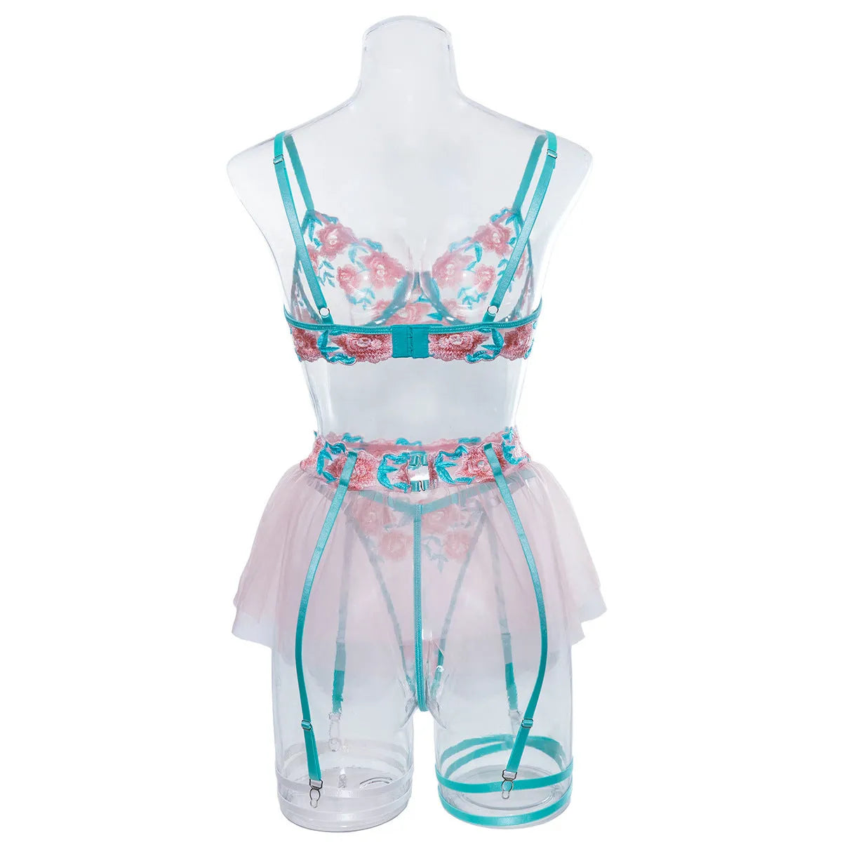 Pink women's mesh pettiskirt two-piece suit with matching embroidered bikini top.